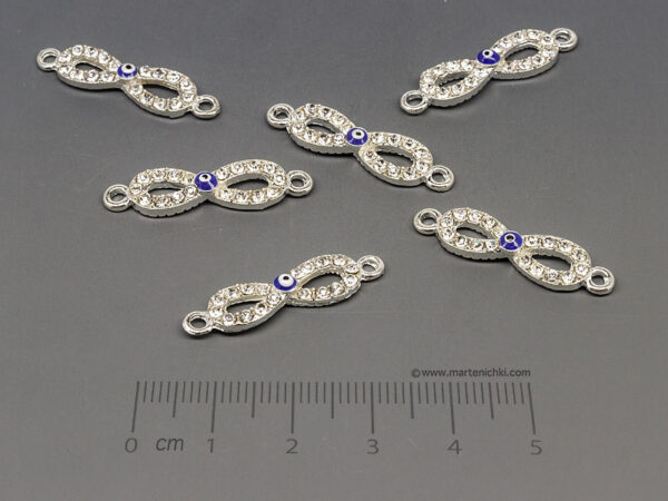 Безкрайност с камъни и синьо око 27x7.5mm, отвор халки 1.8mm - 5бр.