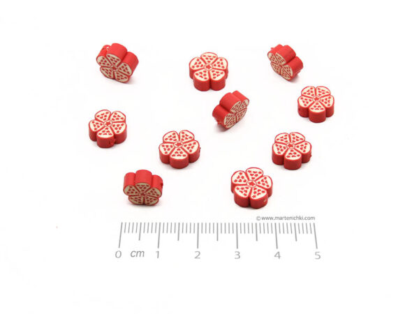 Цвете - бяло и червено 10х4mm, отвор 1.5mm - 10бр.
