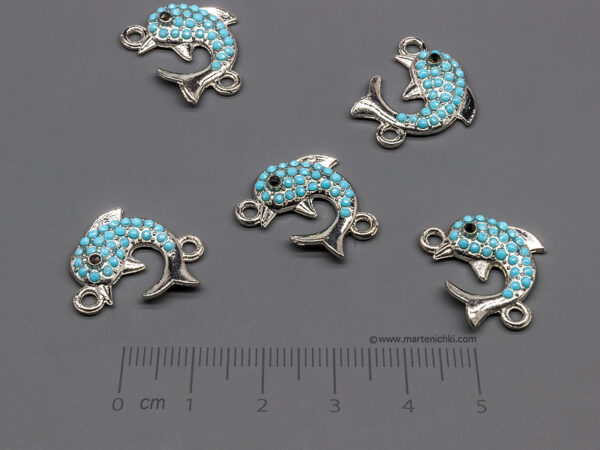Делфин със сини камъни 20.5x17mm, халки 2mm - 50 бр.