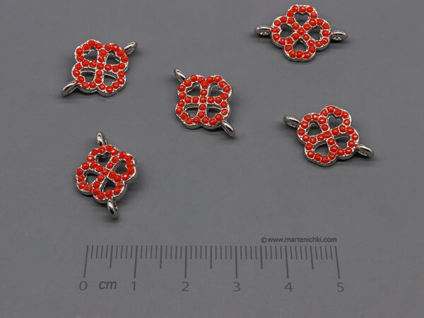 Детелина с червени камъни 20x12.5mm, халки 1.5mm - 5 бр.