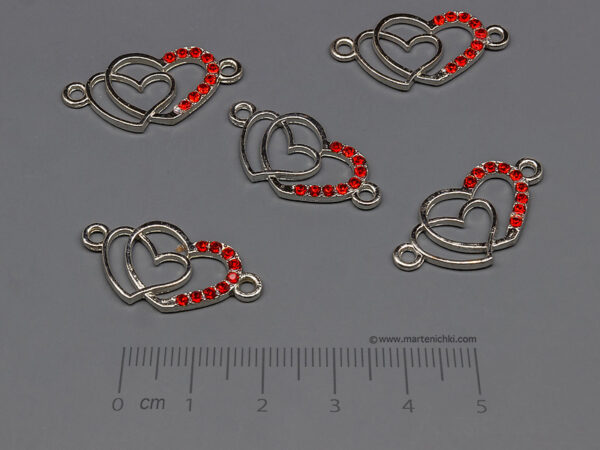 Двойно сърце с червени камъни 27x14mm, халки 2mm - 5 бр.