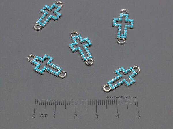 Кръст със сини камъни 22x11mm, халки 2.2mm - 50 бр.