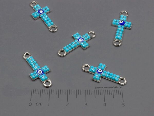 Кръст със сини камъни и око 26x11.5mm, халки 2.5mm - 5 бр.