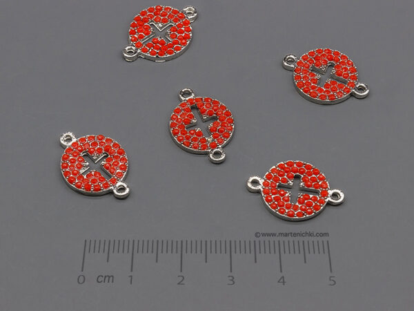 Кръст в кръг с червени камъни 20x13.5mm, халки 1.5mm - 5 бр.