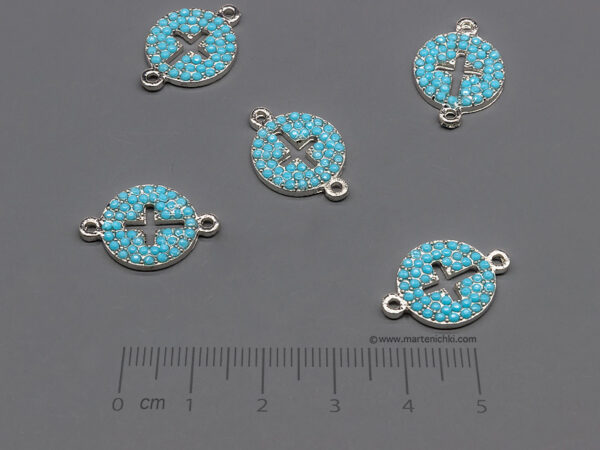 Кръст в кръг със сини камъни 20x13.5mm, халки 1.5mm - 5 бр.