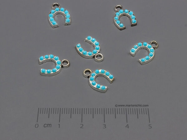 Подкова със сини камъни 14x11mm, халка 2mm - 50 бр.