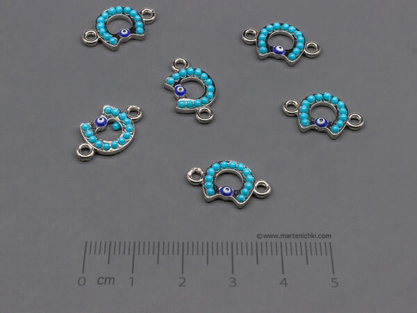 Подкова със сини камъни и око 17x10mm, халки 2mm - 5 бр.