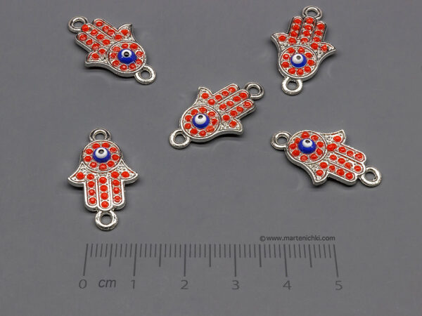 Ръка Фатима с червени камъни и око 24x14.5mm, халки 2mm - 5 бр.