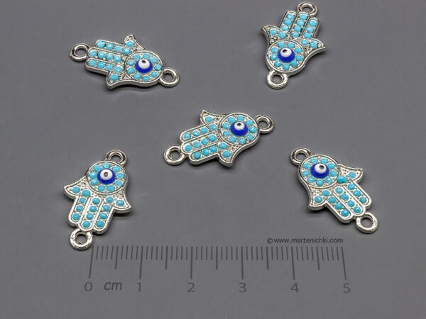 Ръка Фатима със сини камъни и око 24x14.5mm, халки 2mm - 50 бр.