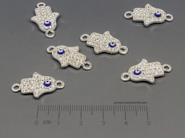 Ръката на Фатима с камъни и синьо око 24x14mm, отвор халки 2mm  - 50бр.