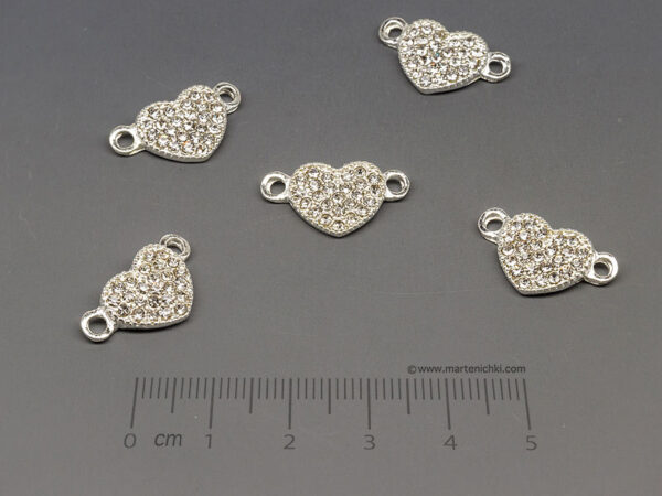 Сърце с камъни 19.5x10.5mm, отвор халки 2mm  - 5бр.