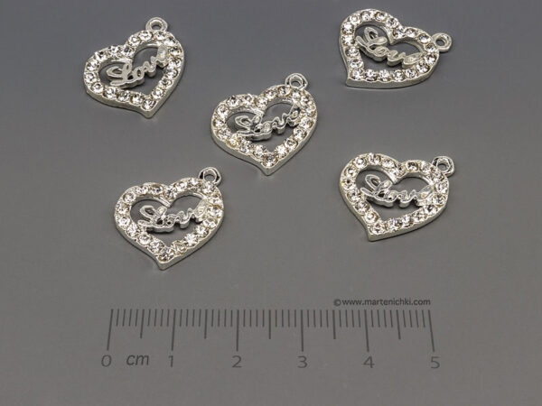 Сърце с камъни 19x17mm, отвор халка 1.5mm  - 5бр.