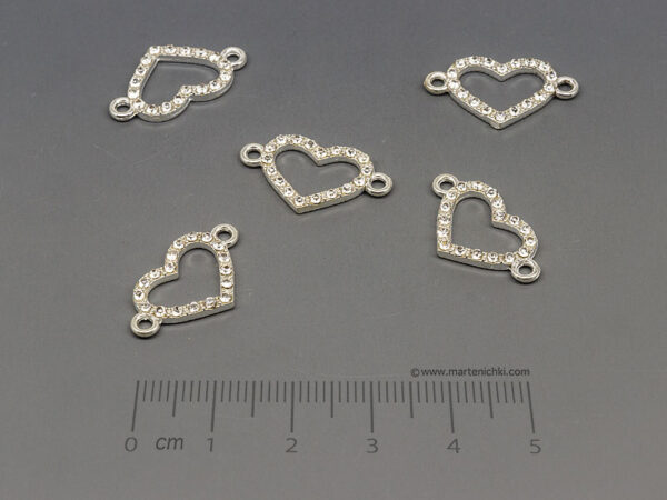 Сърце с камъни 21x12mm, отвор халки 1.8mm  - 5бр.