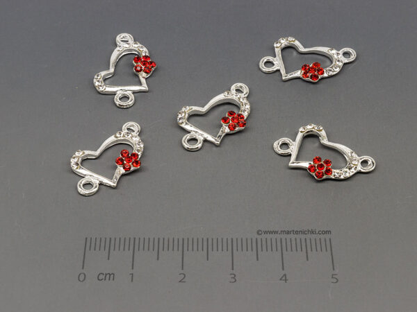 Сърце с камъни 21x14mm, отвор халки 2mm  - 5бр.