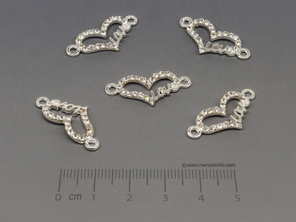 Сърце с камъни 22x11.5mm, отвор халки 2mm  - 5бр.