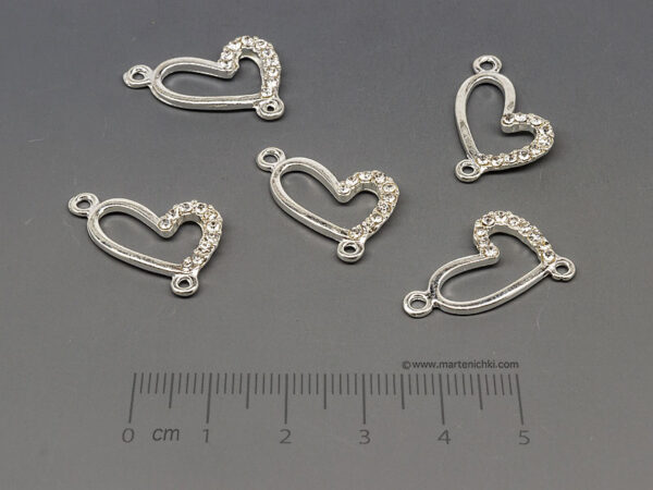 Сърце с камъни 23x14mm, отвор халки 1.8mm  - 5бр.