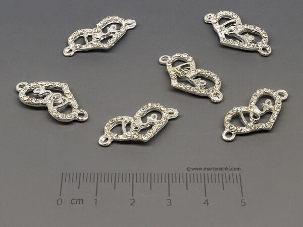 Сърце с камъни 25x12mm, отвор халки 2mm  - 5бр.