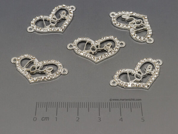 Сърце с камъни 28.5x16mm, отвор халки 1.5mm  - 5бр.