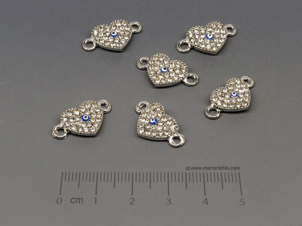 Сърце с камъни и синьо око 16x12mm, отвор халки 1.5mm  - 5бр.