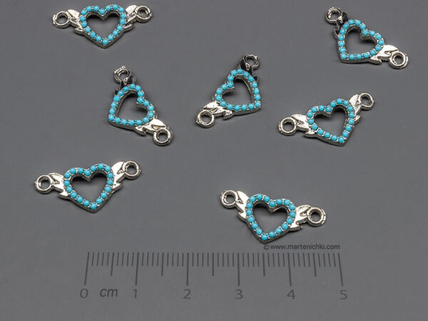 Сърце със сини камъни 21x10mm, халки 2mm - 5 бр.