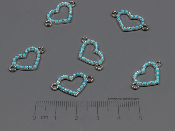 Сърце със сини камъни 21x12.5mm, халки 2mm - 5 бр.