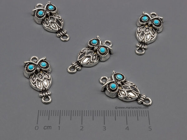 Сова със сини камъни 26x13mm, халки 2mm - 5 бр.
